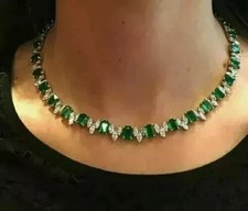26Ct LabCreated Emerald Cut Green Emerald Tennis Necklace 14K Wh Gold Plated 18"