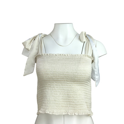 Koch Top Crop Cece Smocked Bow Square Neck Pearl Glow Ivory Adjustable USA M