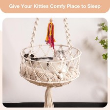 Boho Macrame Cat Hammock Bed with Cushion  Hanging Swing Perch  Indoor Window