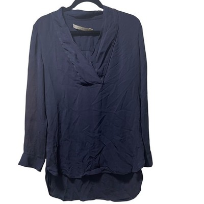 Marie Oliver Navy Blue 100% Silk V-Neck High-Low Blouse Top Long Sleeve Size S