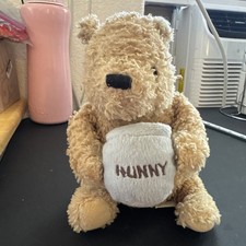 Vtg Classic Winnie The Pooh Musical Crib Pull Toy Plush Hunny Pot Tan Blue 9"