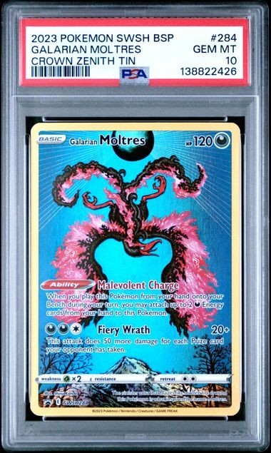 2023 POKEMON SWSH BLACK STAR PROMO CROWN ZENITH TIN #284 GALARIAN MOLTRES PSA 10