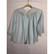 Vintage Shadowline Baby Blue Nylon Bed Jacket Lace Yoke  Cuffs Embroidered M