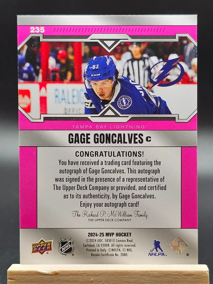 2024-25 UD MVP Gage Goncalves RC Magenta Rookie AUTO Tampa Bay Lightning #235 - Image 2 of 2