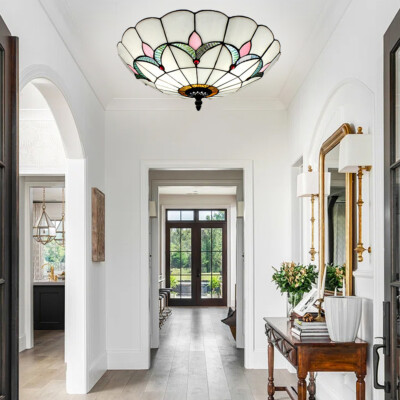 Tiffany Ceiling Light White Stained Glass Flush Mount Light for