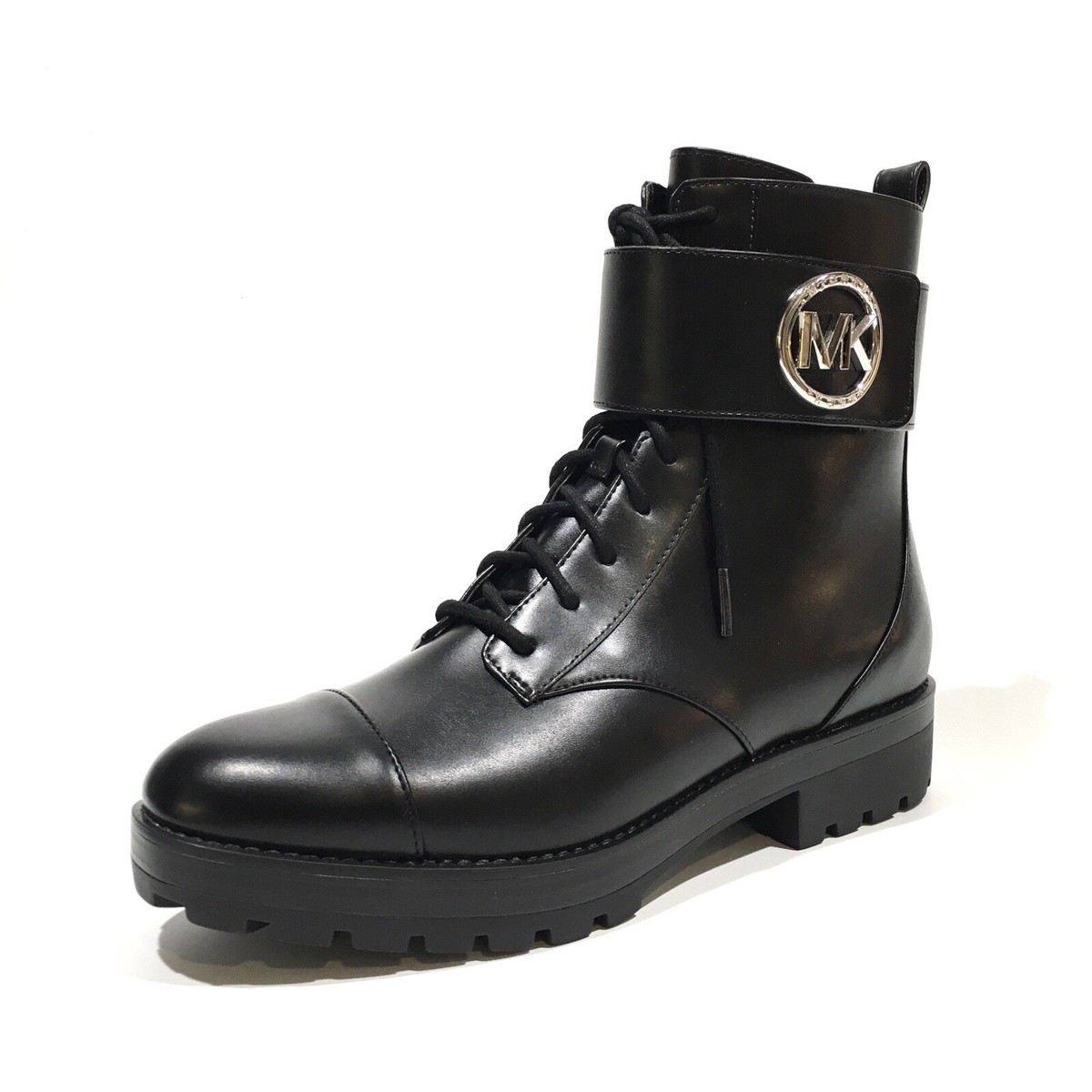 MICHAEL KORS TATUM LOGO COMBAT BOOTS -BLACK FAUX LEATHER -US -NEW