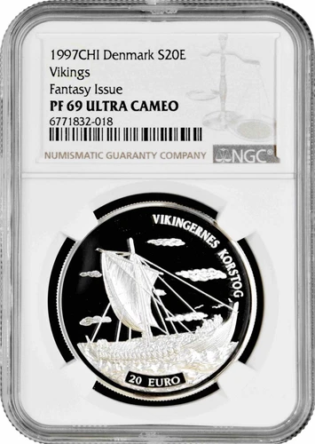 Denmark 20 euro 1997, NGC PF69 UC, "Viking Crusade" Top Pop silver coin