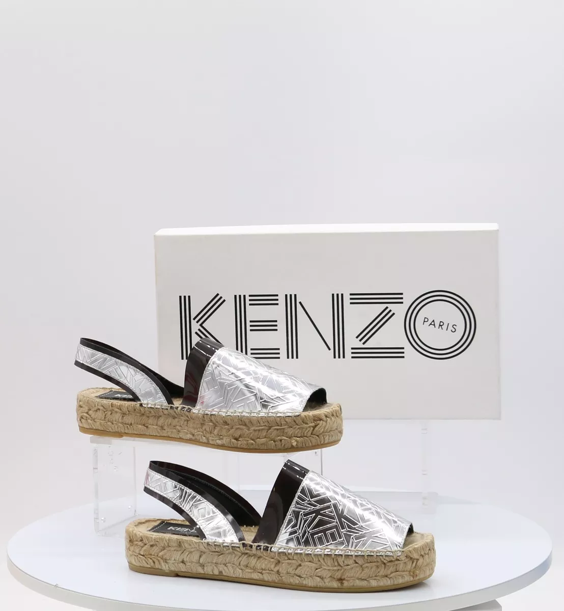 KENZO LADIES UK 3.5 EU 36 ESPADRILLE SANDALS SILVER BLACK RRP 175