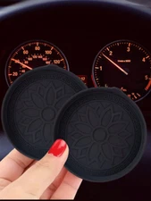 2pcs Black 3D Pattern Silicone Non-Slip Car Coasters – Waterproof, Dustproof-NEW