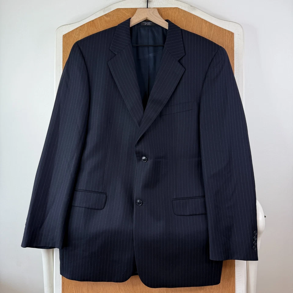 Traje Donald Trump Para Hombre 44L Azul Marino Rayas 2 Botones 100% Lana Pantalones 32x31 Foto 2 de 4