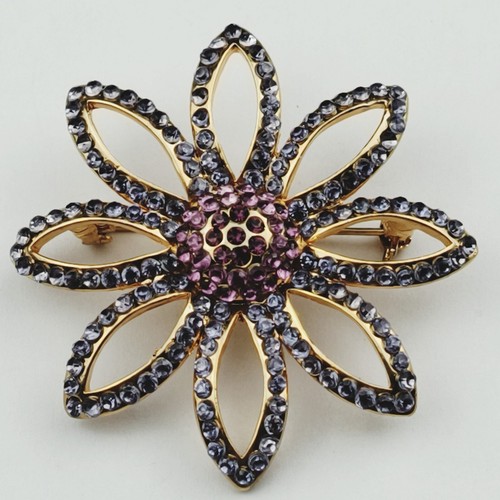 Austrian Crystal Brooch Flower Purple Rhinestones Gold Tone Worthington Vintage