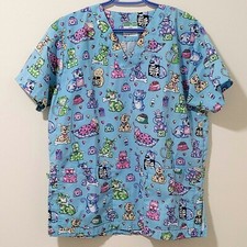 Health Pro Nurse Scrub Top Women's Size M Short Sleeve Pockets Kitties Puppies