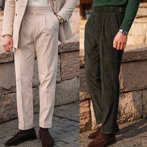 Pantaloni in velluto a coste da uomo stile vintage slim gamba dritta pantaloni casual business - Foto 2 di 18