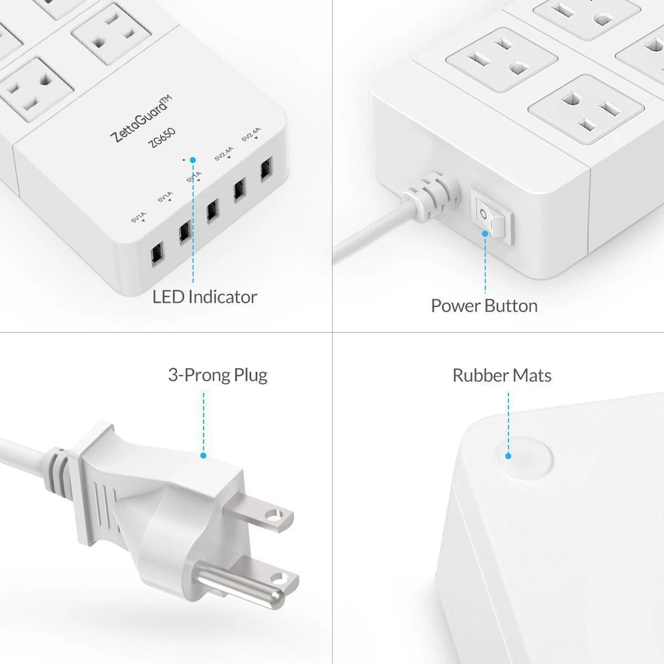 Power Strip, Zettaguard Surge Protector 6 Outlet 5 USB Ports 5ft Long Cord White - Image 2 of 4