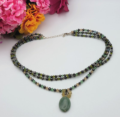 Sterling Silber grüne Jade Anhänger Perle und Glasperlen Halskette 18'' Adj. 3-St