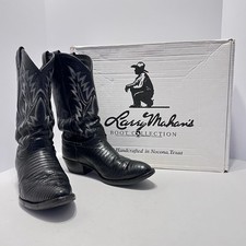 Larry Mahan Boots Men 11D Texas USA Made Lizard Leather Cowboy Black Round Toe