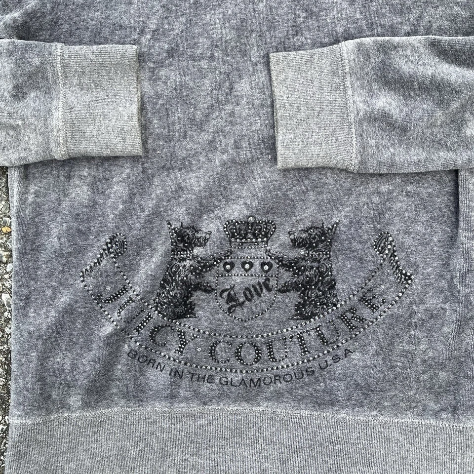 Sudadera con capucha gris Y2K Juicy Couture Her Highness estrás corona perro terciopelo cremallera XS Foto 2 de 4