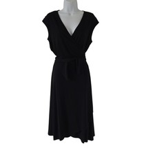 Karen Kane Wrap Dress L Petite Black Cap Sleeve Classic Career Cocktail Stretch 