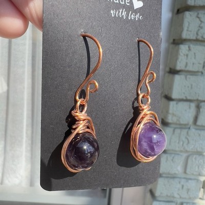 Artisan Made Copper Wrapped Amethyst Dangle Drop Earrings Ooak Boho Minimalist