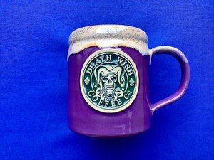 DEATH WISH COFFEE MARDI GRAS MUG DENEEN POTTERY CAMPER STYLE JESTER JOKER PURPLE