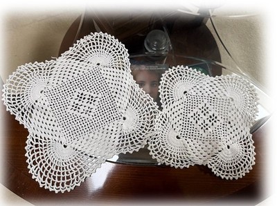 2 Vtg Handmade White Crocheted Doilies Square Round Corners 11'' + 9'' Granny Core