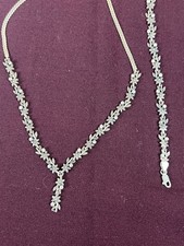 Set of silver necklace and bracelet flower & leaf link &clear sparkly stones