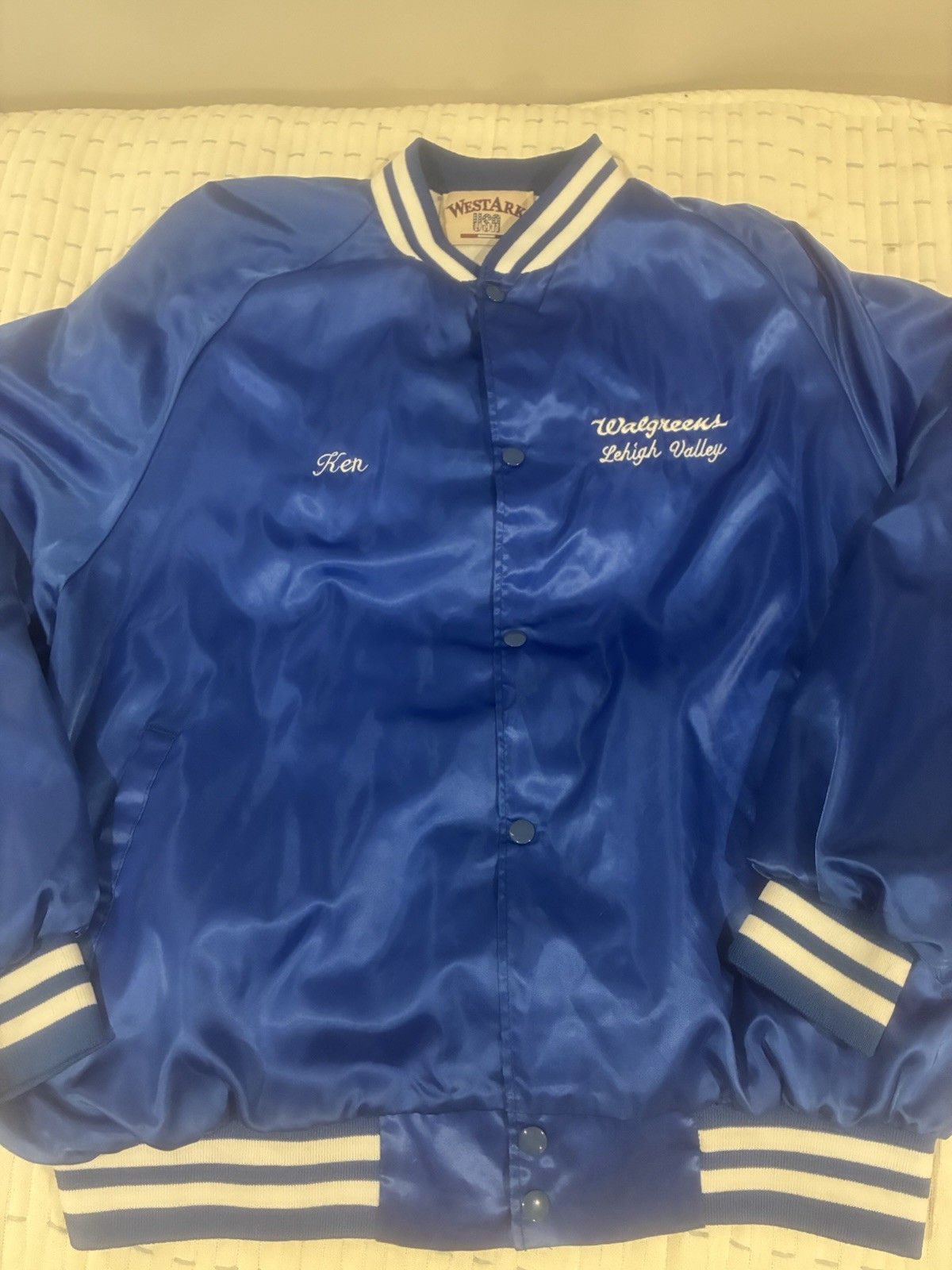 Vintage Westark USA Blue Satin Bomber Jacket XL Walgreens Lehigh Valley Ken 80s