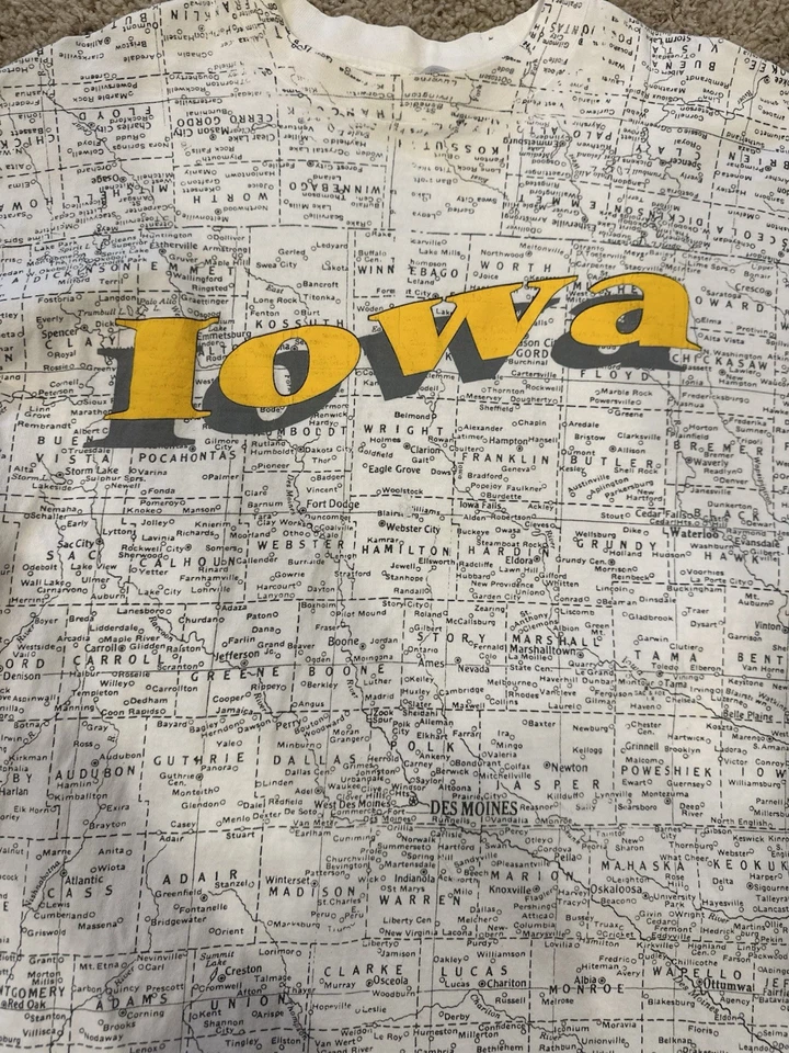 Camiseta gráfica vintage con estampado de mapa de Iowa puntada única XL amarilla Foto 2 de 4