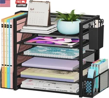6 Tier Desk File Organizer, Paper Letter Tray Organizer with File Holder and Pen