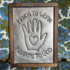 Folk Art Punched Tin HANDS To WORK; HEARTS To GOD Framed Country Farmhouse