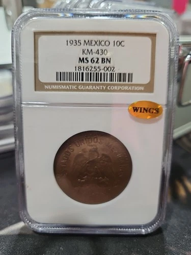 1935 Mexico 10 Centavos KM-430 NGC MS 62 BN GOLD WINGS STICKER