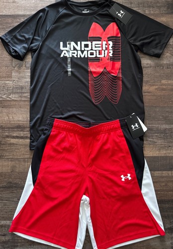 NWT Under Armour Boys YLG Red/Black/White BIG LOGO Shorts Set Large