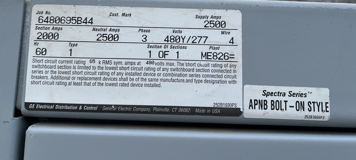 GE 2500 Amp Main Breaker Switchboard 480/277V TP2525TTR