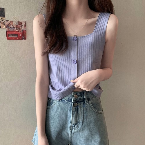 Women's Top Summer Knitted Tank Top Slim Square Neck Underlay Sleeveless Top - Picture 14 of 16