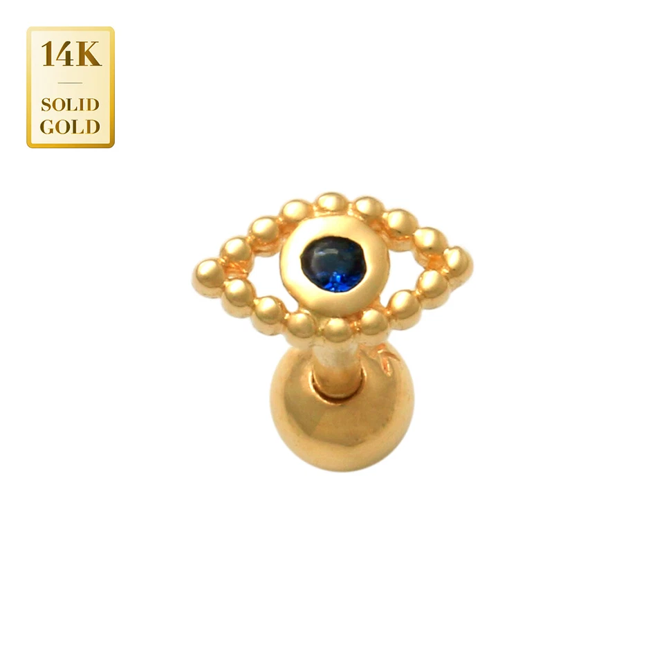 Piercing arete calibre 18 calibre 18 oro macizo mal de ojo zafiro azul circonita cúbica 14K REAL Foto 3 de 3