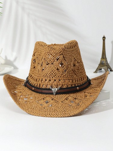 Unisex Cowboy/Cowgirl Hat - Cattle Head Decor, Hollow Print, Straw, for Summer - Picture 21 of 29