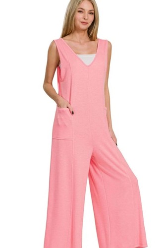 Zenana French Terry Deep V Neck Jumpsuits - Picture 2 of 6