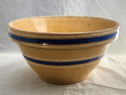 Antike gelbe Ware Größe 8 Steinzeug Topf blaue Bänder 8" RÜHRSCHÜSSEL