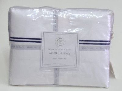 Tessitura Toscana Telerie King Sheet Set White/Navy Percale