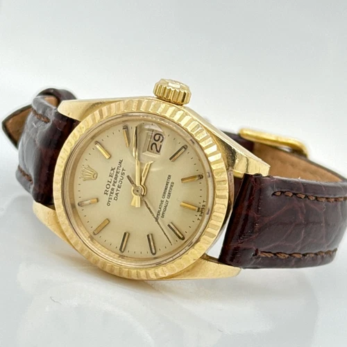 Lady Rolex Solid 18K Yellow Gold Datejust Watch Leather Band Champagne Dial 6917