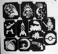 bm2021 set2 boys designs lion skull rocket 12 different stencils glitter tattoo