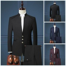 Men's Slim Fit Stand Collar 3pcs Single Breasted Blazers Coat Vest Pants Costume