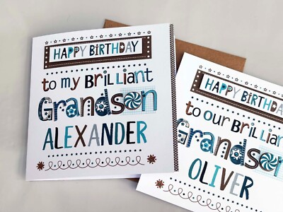 Personalisierte Geburtstagskarte Enkel Handarbeit mit Namen - Vicky Jones Design UK