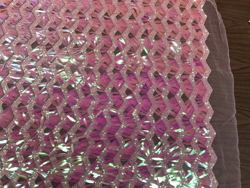 PINK IRIDESCENT CHEVRON DESIGN SEQUINS ON A PINK MESH-SOLD BY THE YARD. - Image 4 of 4