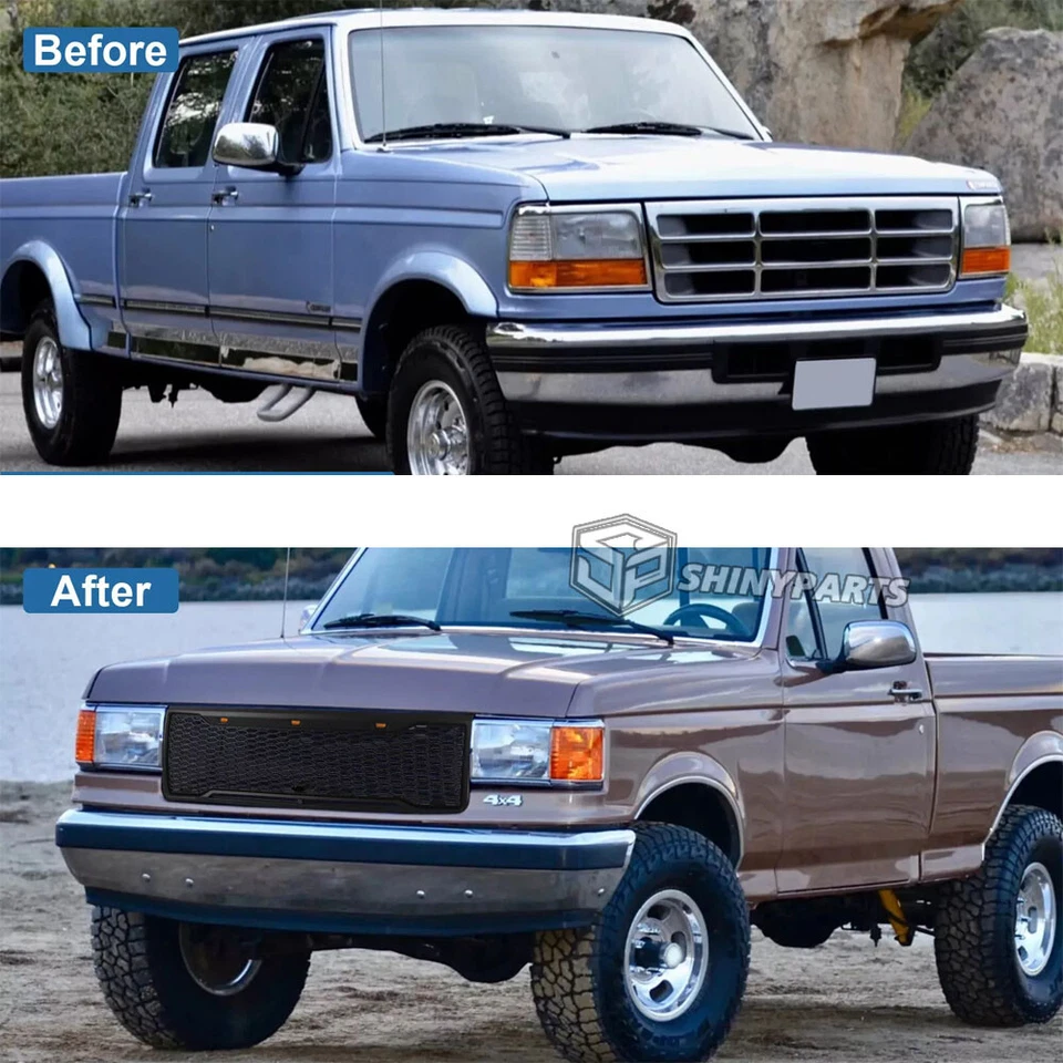 Parrilla delantera para Ford F150 F250 F350 1992-1997 Bronco parachoques parrilla con LED negro Foto 3 de 4