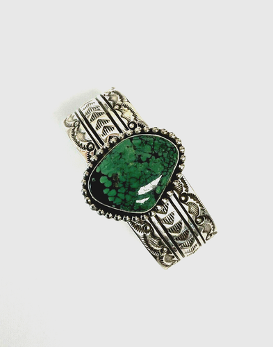 Native American Sterling Silver Cuff with Green Navada Turquoise - Picture 5 of 6