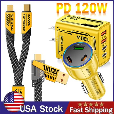 120W 4-Port USB C Fast Wall Charger Block ,PD 4FT Cable For All Cell Phone iPad