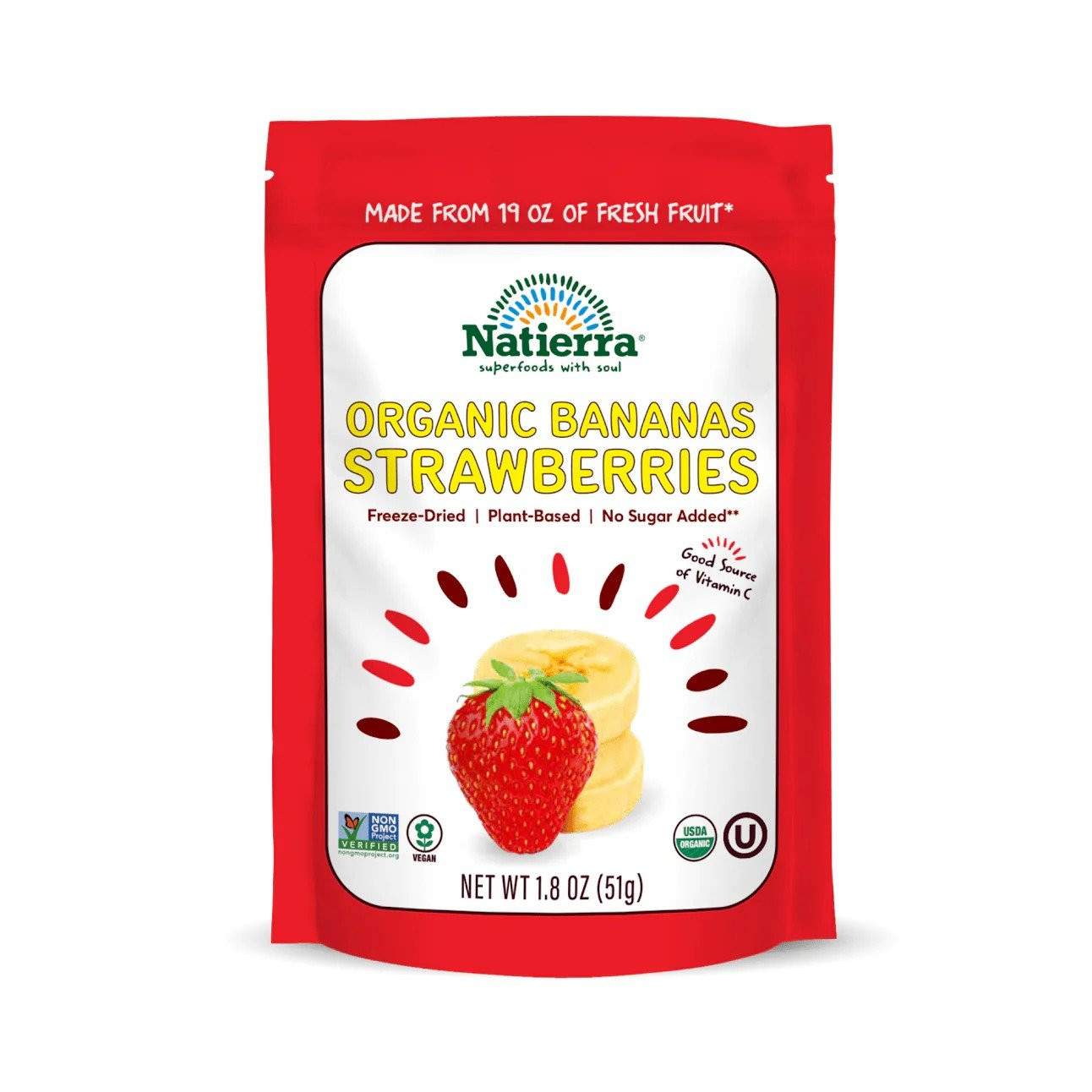 Натуральные сублимированные бананы и клубника Natierra Organic в пакетике весом 1,8 унции