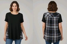 Women's Simply Vera Black 2 Tone Checkered Flowy Hi-Low Pleated Back Top Sz XS