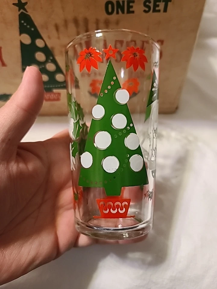 Hazel Atlas Vacaciones Navidad Año Nuevo Vasos Vasos Beber 8 Lote Con Caja Foto 3 de 4